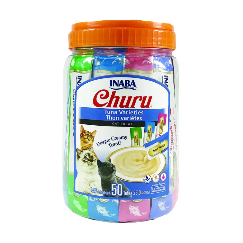 Inaba Cat Snack Churu Bombonera 50 Piezas - Variedad De Atun 700 Gr (Atun X 20 - Atun Con Pollo X 10 - Atun Con Vieira X 10 - Atun Con Salmon X 10 )