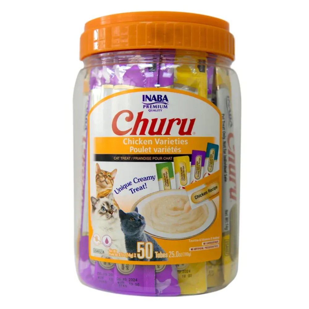 Inaba Cat Snack Churu Bombonera 50 Piezas - Variedad De Pollo Y Atun 700 Gr (Atun X 10 - Atun Con Pollo X 10 - Pollo X 10 - Atun Con Salmon X 10 - Pollo Con Queso X 10
