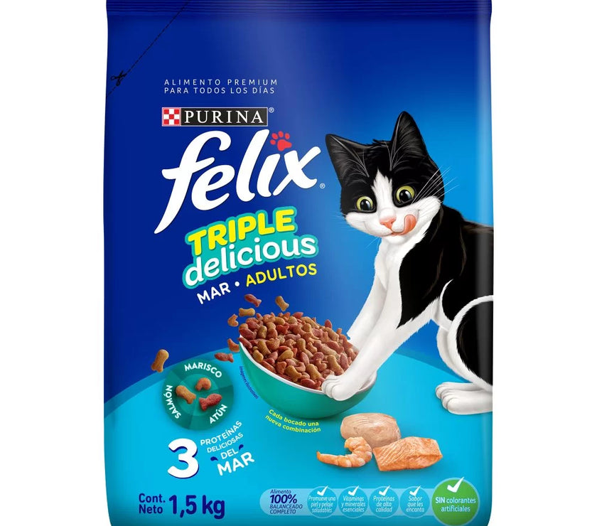 Alimento Para Gatos Purina Felix Adulto Triple Delicious Mar x 1.5 Kg