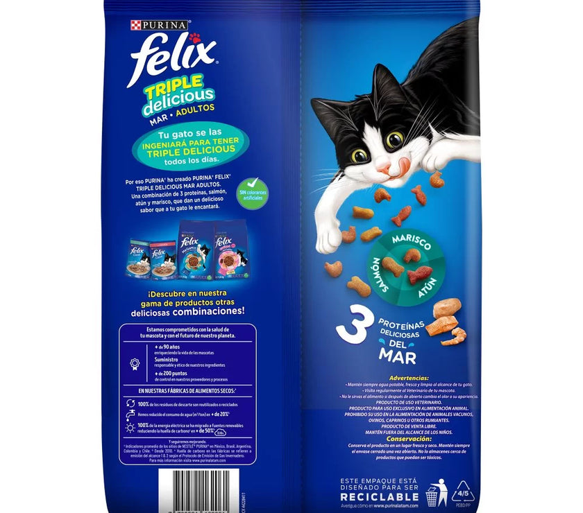 Alimento Para Gatos Purina Felix Adulto Triple Delicious Mar x 1.5 Kg