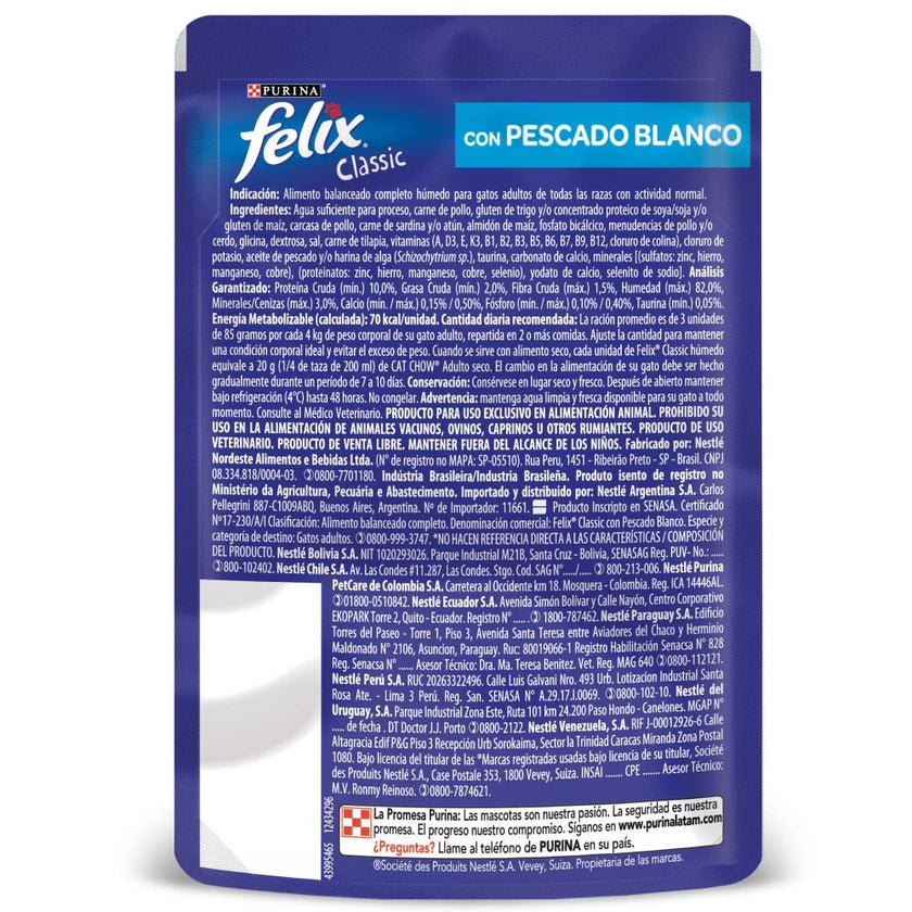 Comida Humeda Para Gatos Felix Pescado Blanco En Salsa x 85 Gr
