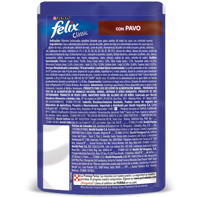 Comida Humeda Para Gatos Felix Pavo En Salsa x 85 Gr