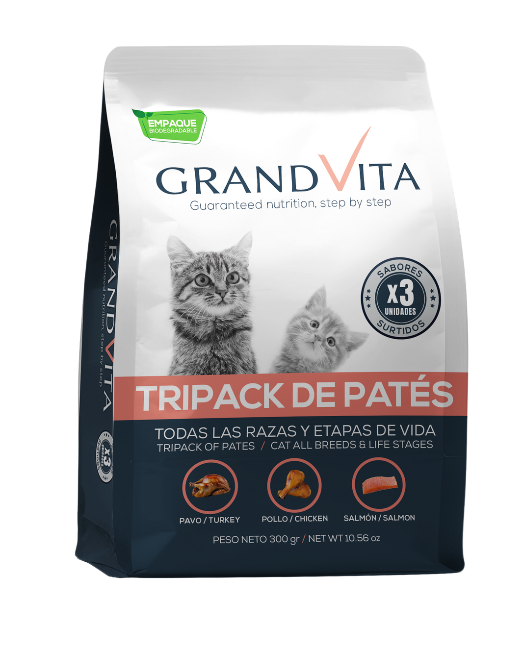 Comida Húmeda para gato Grand Vita paté sabor tripack surtido 300 Gr