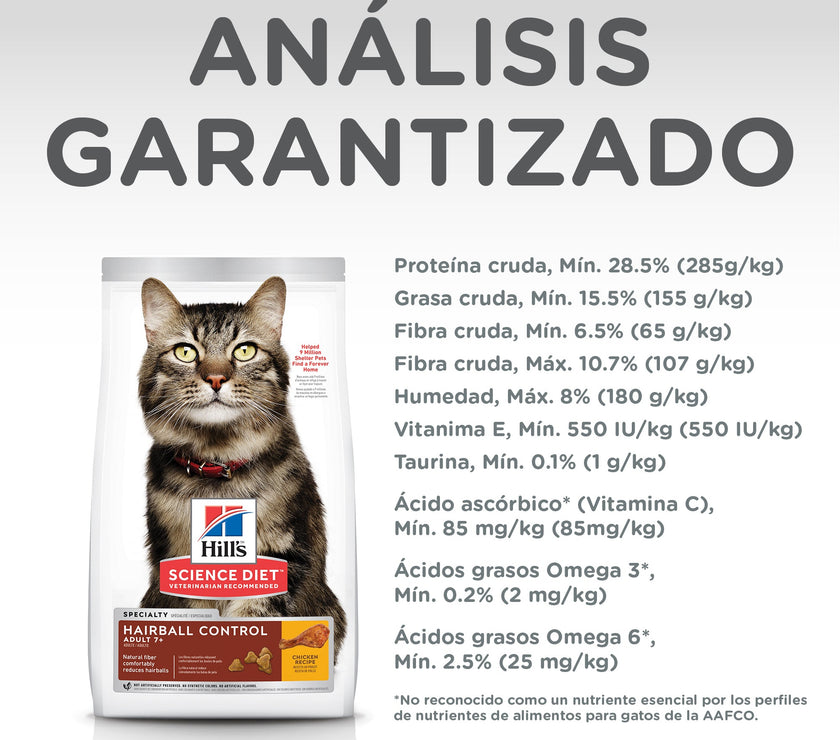 Hill's Science Diet Adult Hairball 7+ Comida para gato control bola de pelo senior 3,5Lb (1,59Kg)