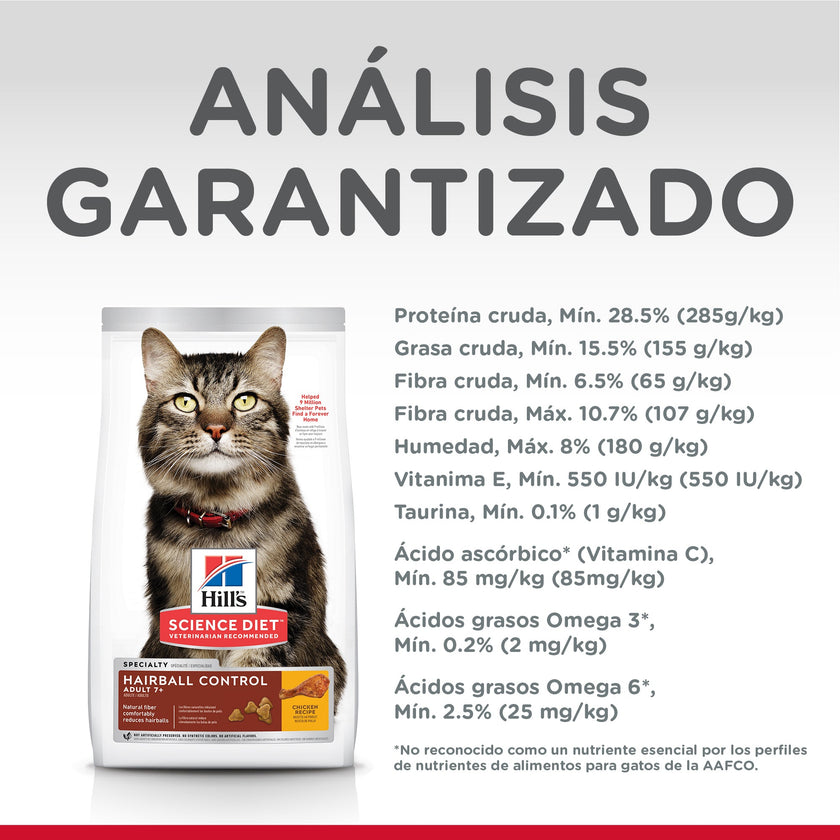 Hill's Science Diet Adult Hairball 7+ Comida para gato control bola de pelo senior 3,5Lb (1,59Kg)