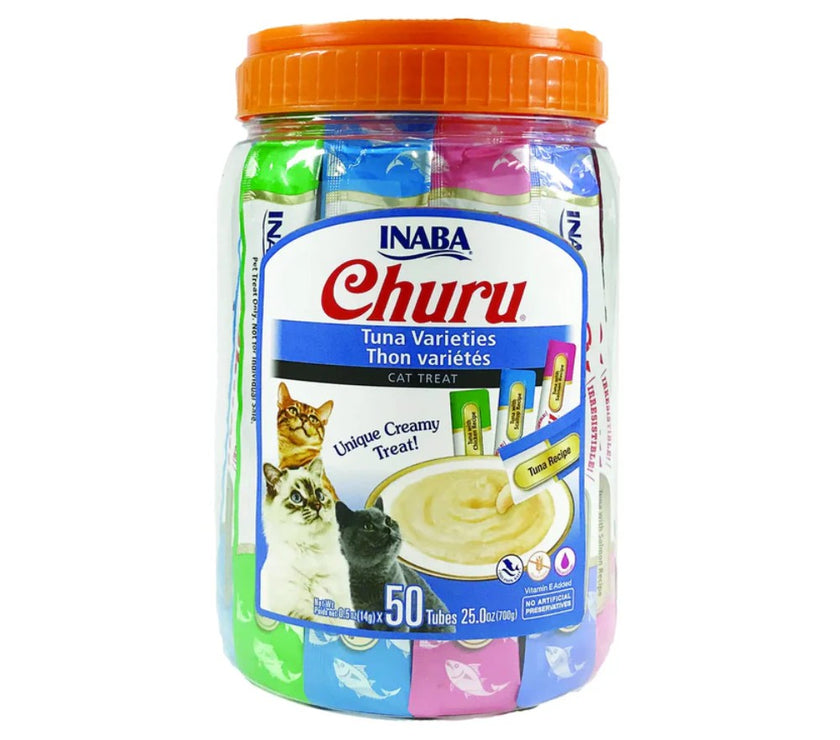 Inaba Cat Snack Churu Bombonera 50 Piezas -  Variedad De Atun 700 Gr (Atun X 20 - Atun Con Pollo X 10 - Atun Con Vieira X 10 - Atun Con Salmon X 10 )