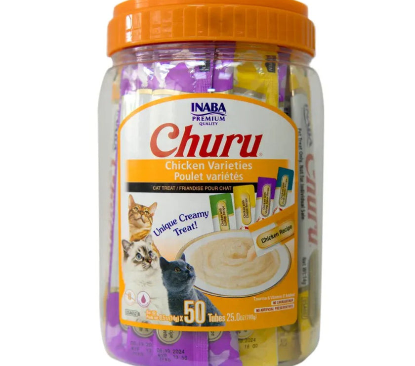 Inaba Cat Snack Churu Bombonera 50 Piezas -  Variedad De  Pollo Y Atun 700 Gr (Atun X 10 - Atun Con Pollo X 10 - Pollo X 10 - Atun Con Salmon X 10 - Pollo Con Queso X 10