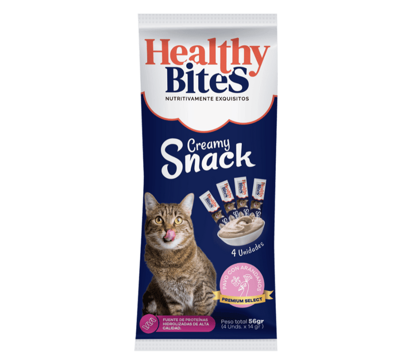 Snack Cremoso para Gato Healthy Bites sabor Pavo y arandanos 56 gr sobre por 4 unidades
