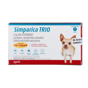 Antiparásitario Interno y Externo para perro  Simparica Trio 1.25 Kg – 2.5 Kg 1 Tableta